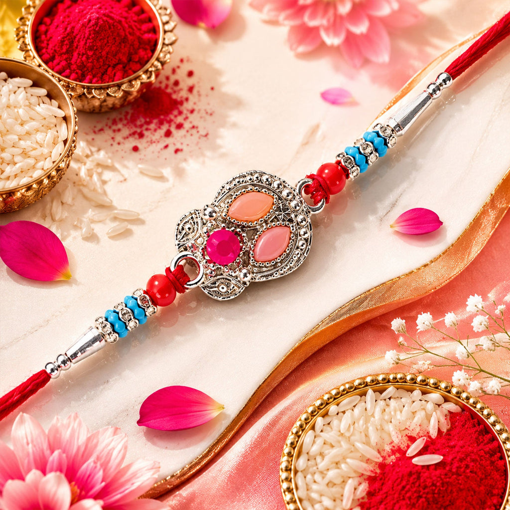 ALVENZA Oval Pink Stone Filigree Rakhi with Red Thread, Roli Chawal Coin and Gift Box Packing
