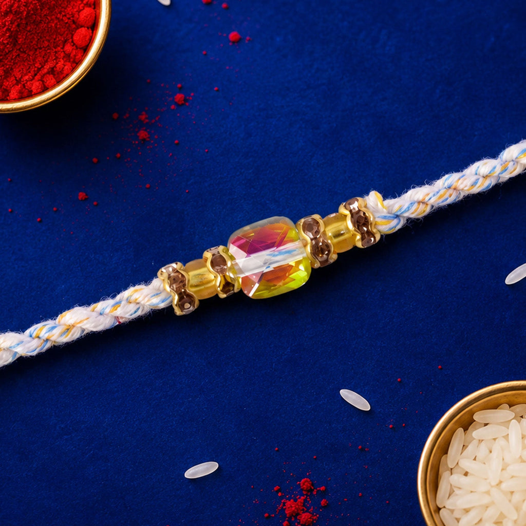 ALVENZA Aurora Crystal Macrame Bracelet Rakhi with Rainbow Stone Shine and Soft Thread